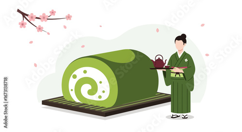 Matcha Roll Cake And Tea Ceremony Served By A Person In A Green Traditional Attire