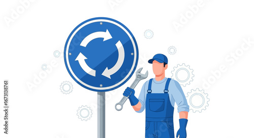 Mechanic Beside Traffic Sign Symbolizes Maintenance Of The Road Transportation System