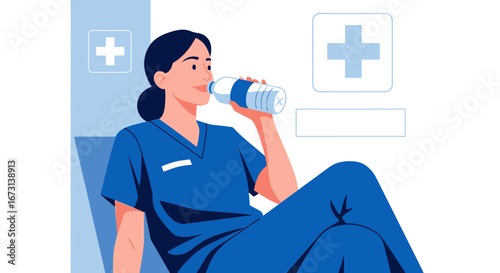 Medical Professional Hydrating With Water Bottle During Break Relief, Health Concept