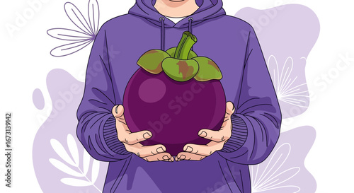 Person Holding Mangosteen Illustration: A Vibrant Representation of Fresh Tropical Fruit