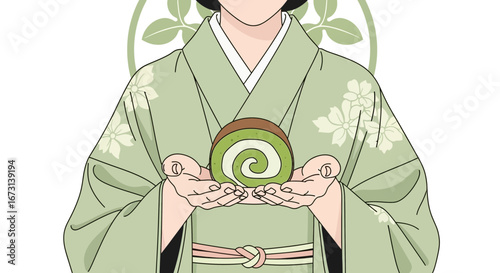 Person Holding Matcha Roll Cake, Depicting Japanese Culture, Dessert, And Culinary Delights