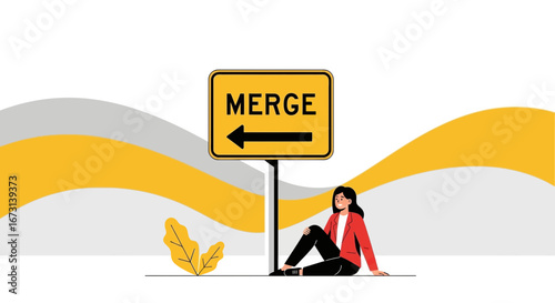 Merging Paths: A Strategic Choice Emphasized With Directional Road Sign And Woman