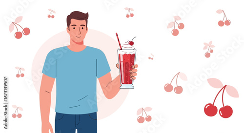 Person Joyfully Holding Cherry Spritzer Drink, Attractive Illustration, Dessert Beverage Concept