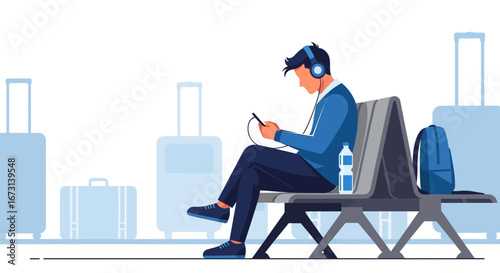 Person Listening Music Sitting At Airport Awaiting Flight Using Smartphone