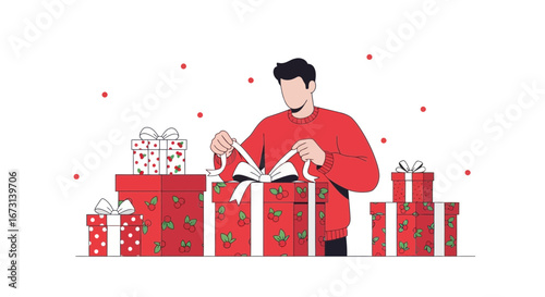 Person Opening Gifts, Present Unwrapping with Decorative Boxes on White Background