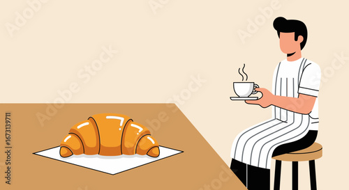 Morning Bliss Croissant Accompanied By A Barista With A Cup Of Coffee