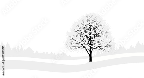 Monochrome Winter Scene Depicting Tree And Snow With Silhouetted Forest In Background