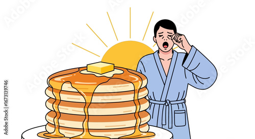 Morning Breakfast: A Man Yawns Near a Stack of Pancakes, Ready for Mealtime