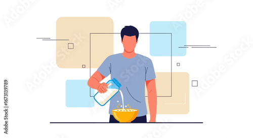 Person Pouring Milk Into a Bowl, Preparing a Simple Breakfast at Home Everyday