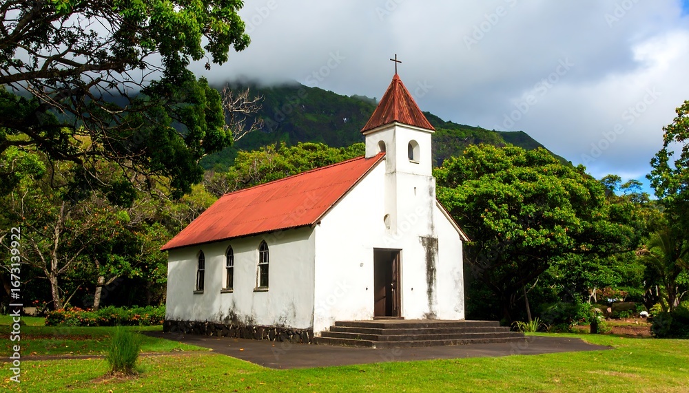 Small white church with red roof nestled in lush green landscape with mountains in background. Small white church with red roof nestled in lush green landscape with mountains in background.