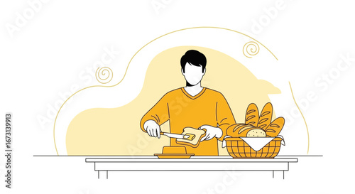 Person Preparing Food, Spreading Butter on Bread for Delicious Breakfast Meal Illustration