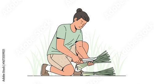 Person Preparing Fresh Herbs for Culinary Usage in a Simple, Modern Illustration Style