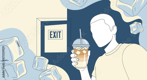 Man Enjoying Iced Coffee Exit Concept With Artistic Graphic Design Illustration