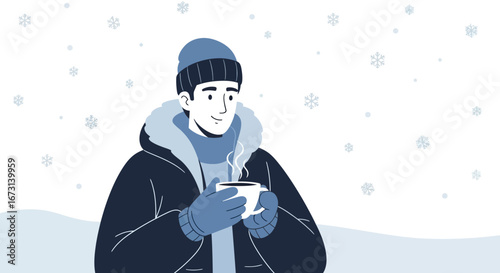 Man Enjoying Hot Beverage in Winter Snowscape While Wearing Winter Outfit