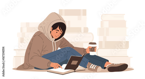 Person Reading Book While Sipping Coffee Amidst Pile Of Books In A Cozy Setting