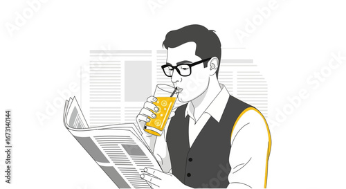 Person Reading Newspaper Enjoying Beverage Vector Illustration Lifestyle Concept