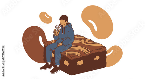 Person Sipping Beverage While Relaxing Atop Gigantic Brownie Dessert Artwork
