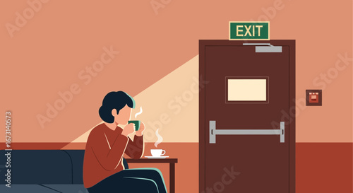 Person Sipping Beverage Near Exit Door in Subtle Lighting Environment Waiting Concept