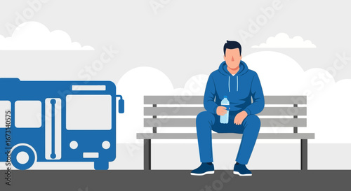 Person Sitting At The Bus Stop Ready To Travel On A Public Transport Bus