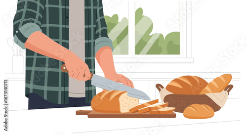 Person Slicing Loaf Of Bread And Slices Into Rustic Loaves And Bread Basket In Kitchen