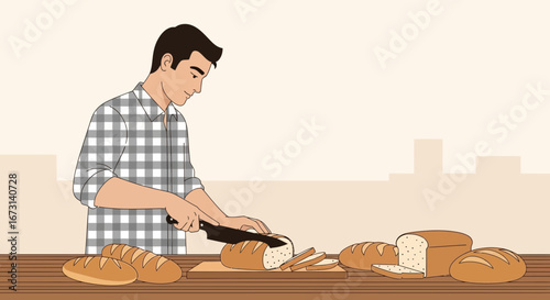 Person Slicing Freshly Baked Bread on Cutting Board in the Morning Kitchen Scene