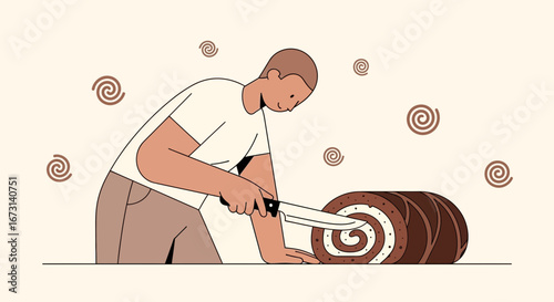 Person Slicing Sweet Roll Artistic Illustration for Baking and Culinary Concepts