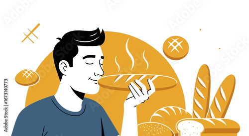Person Smelling Freshly Baked Bread, Bakery Aroma, Food Lover Illustration