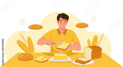 Person Spreading Butter On Bread, Illustration Of Healthy Breakfast Scene In The Morning