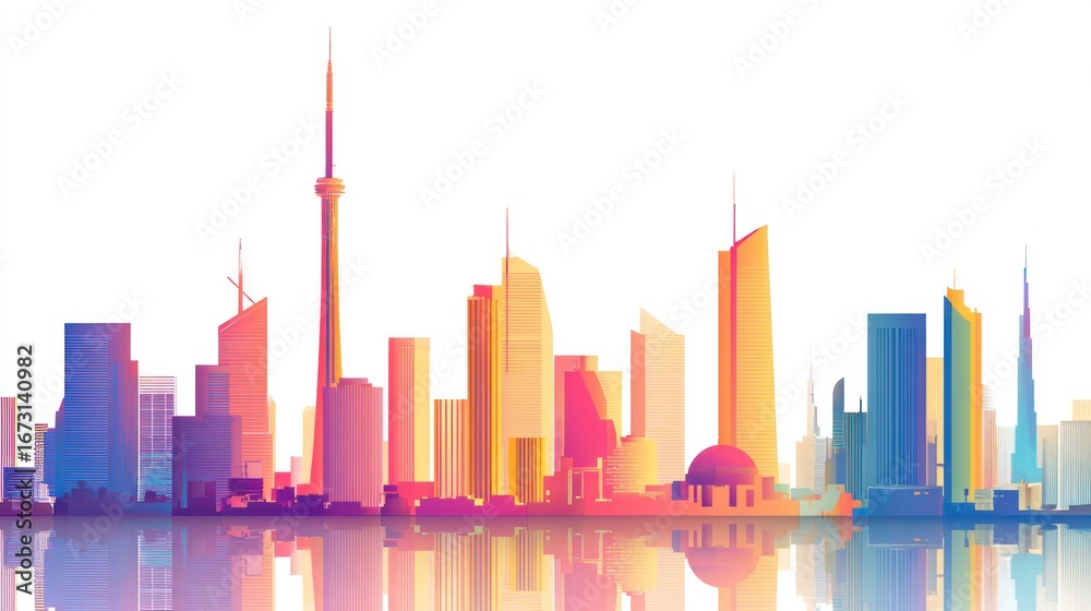 Obraz premium Silhouette of a modern cityscape with diverse building designs, mirrored below