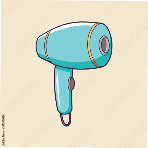 Cute Cartoon Turquoise Hair Dryer with Gold Accents on Beige Background hairdryer beauty