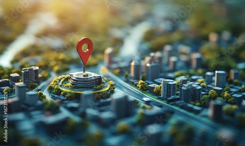 Geofencing technology illustrated with a miniature city model and a prominent geo pin, showcasing its use in urban areas for marketing, security, and logistics. The visual emphasizes, Generative AI