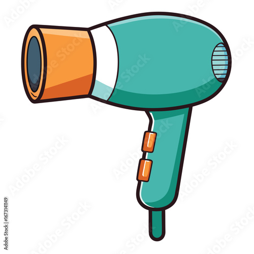Cute Cartoon Teal Hair Dryer with Orange Nozzle on White Background hairdryer blow dryer