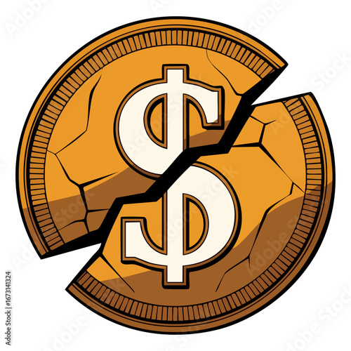 Flat vector illustration of a cracked golden dollar coin on white background, perfect for economic financial crisis wealth and currency business related designs