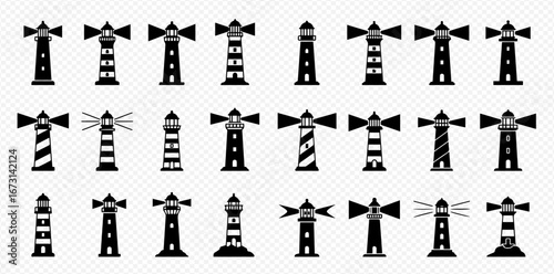 Collection of twenty-four different lighthouse silhouettes in black and white, arranged in a grid pattern.