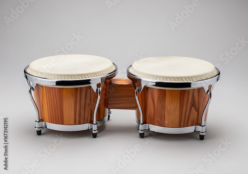 A pristine pair of wooden bongos isolated against a neutral backdrop