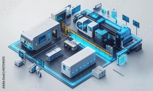 Industry 4.0 smart factory interior showcasing advanced automation, machinery, and robotics in a futuristic industrial setting. The integration of innovation, engineering, Generative AI