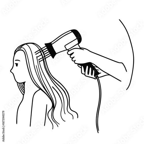 Line drawing of a person drying their long hair with a hairdryer held by a hand hair drying hair care