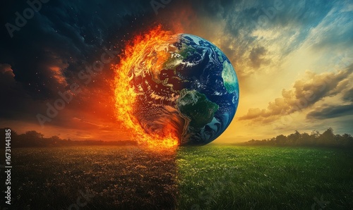 The harsh reality of climate change, depicted by a burning globe under a fiery red sky on one side, contrasted with a lush, green, thriving environment on the other, Generative AI