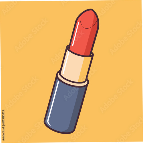 Red Lipstick Tube Angled on a Yellow Background with Black Outline makeup beauty