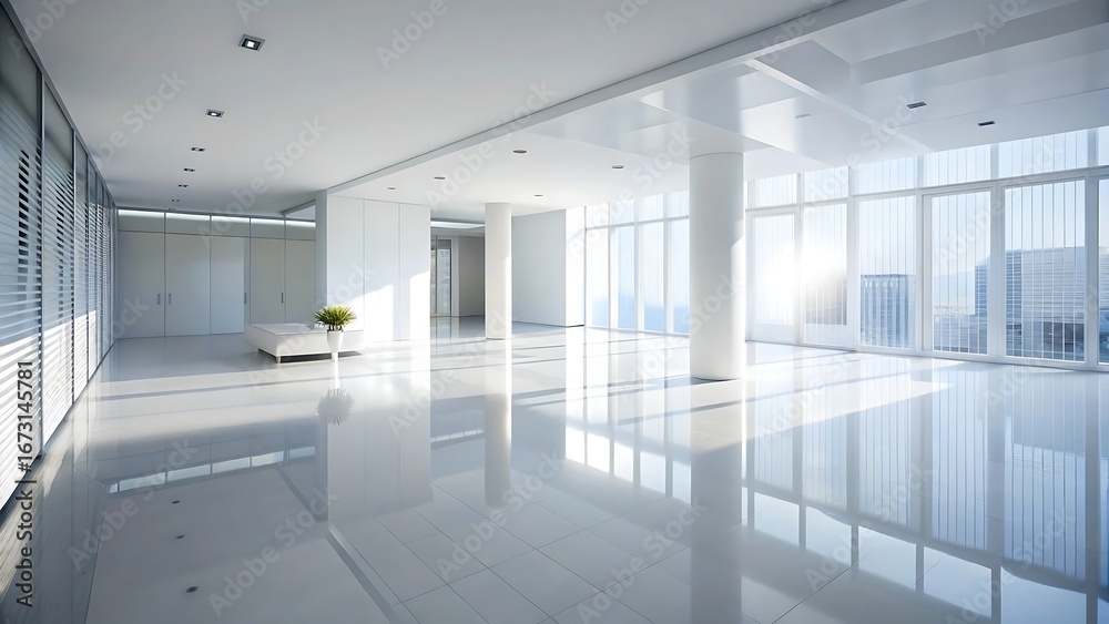 Fototapeta premium Modern empty office interior with large windows and natural light, bright and spacious