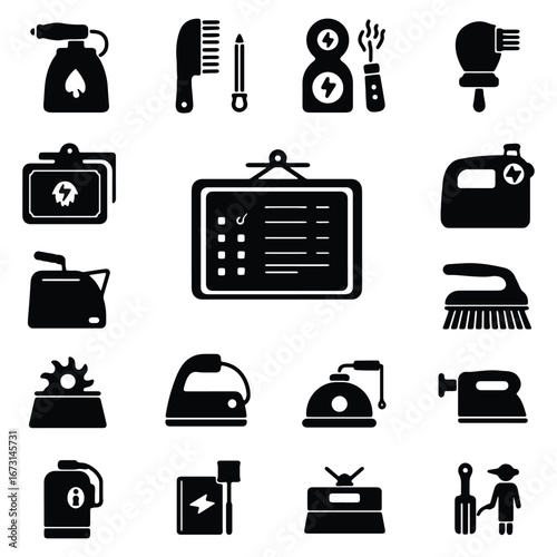 Collection of assorted household and industrial tools and equipment symbols in black and white design vector graphic