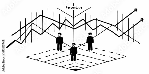 Isometric view of business people standing on a graph platform with upward trending lines and percentage