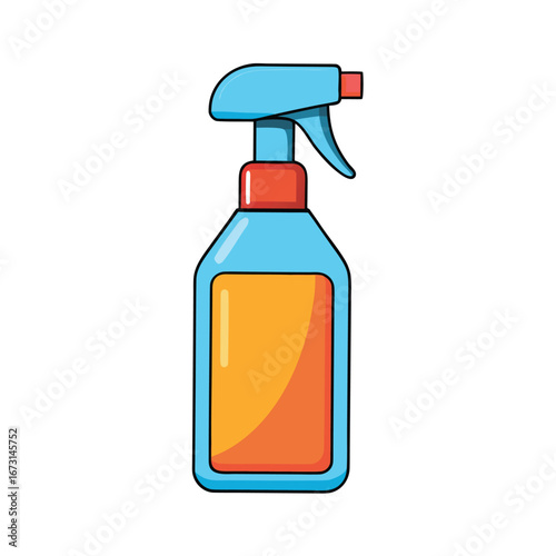 Simple Flat Design Blue Spray Bottle With Orange Label And Red Details cleaning liquid