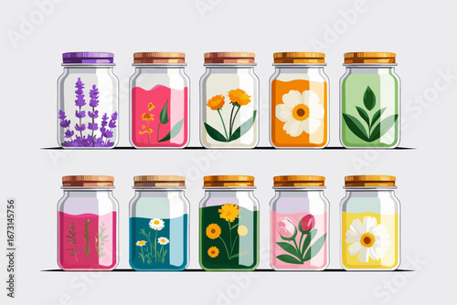 Colorful illustrated jars with herbal extracts, flowers and plants in various designs  