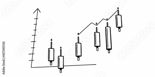 Hand drawn line graph showing an upward trend with candle sticks representing stock market data points