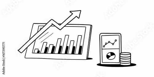 Illustration of a tablet with a bar graph and upward arrow next to a phone with charts and coins