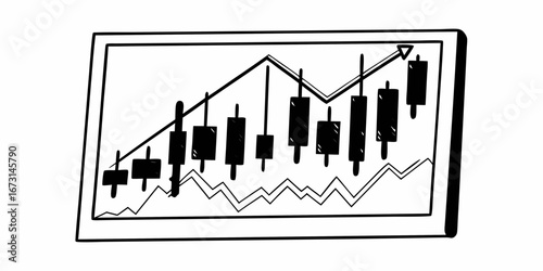 Hand drawn stock market chart with candlestick pattern and upward trending arrow displayed on a screen