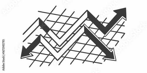 Black and white illustration of arrows moving up and down on a grid pattern background design element