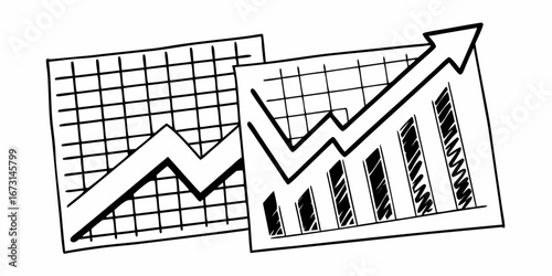 Two hand drawn graphs showing an upward trend with gridlines and bars indicating growth and progress