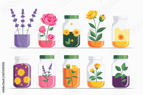 Colorful flower jars with herbal extracts, various blooms in decorative containers  